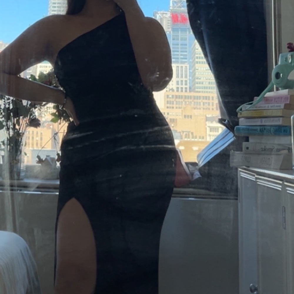 One shoulder black ruched dress from Lulu's